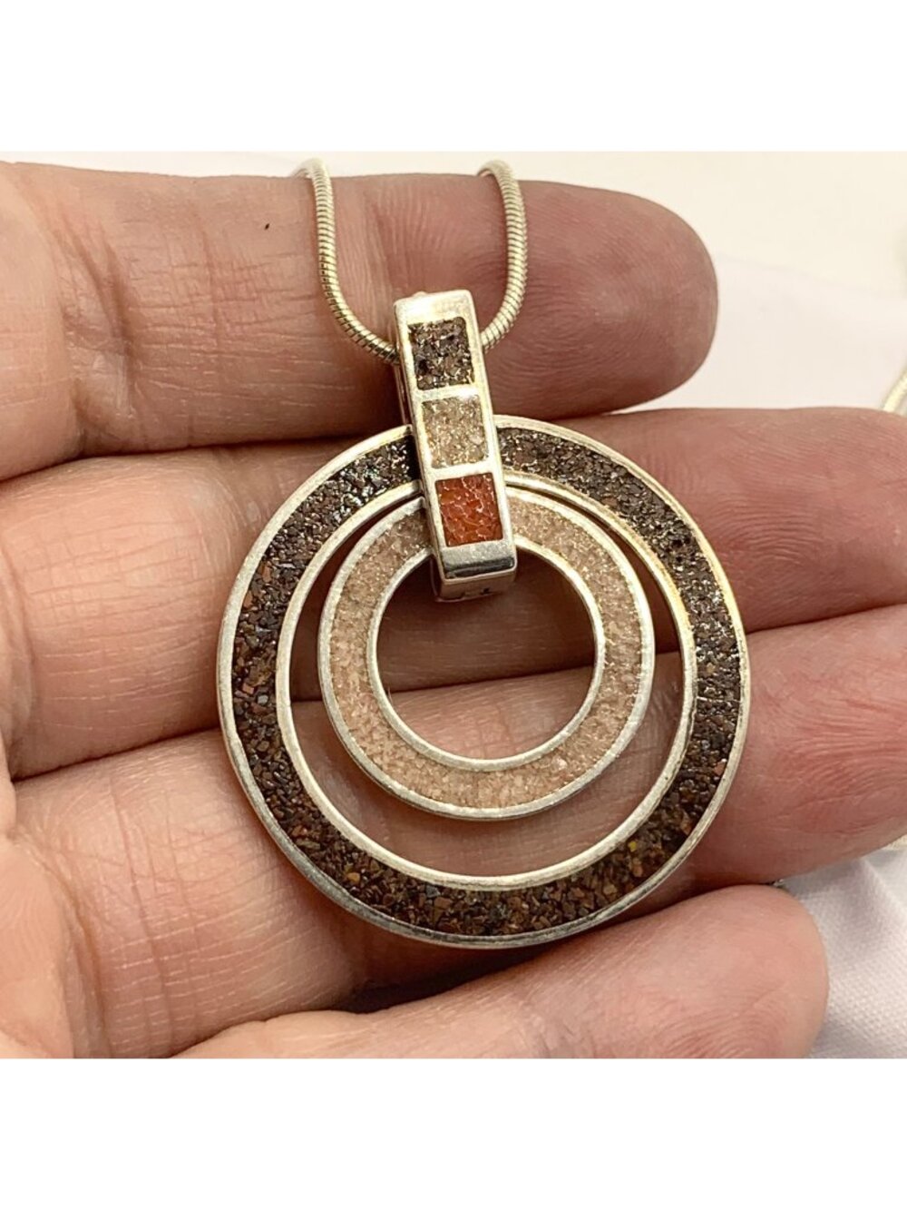 Crushed Turquoise Nesting Circle Sterling Silver 925 Pendant 16" Serpentine Chai